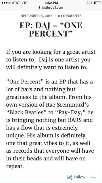 jasthedoll.com — ONE PERCENT EP Review (Dec 6, 2016)