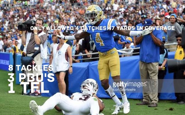 Jaleel Wadood #4 UCLA — Broadcast Stat Line vs Texas A&M (4 catches 47 yds 8 tackles 3 PBUs 1 TFL)