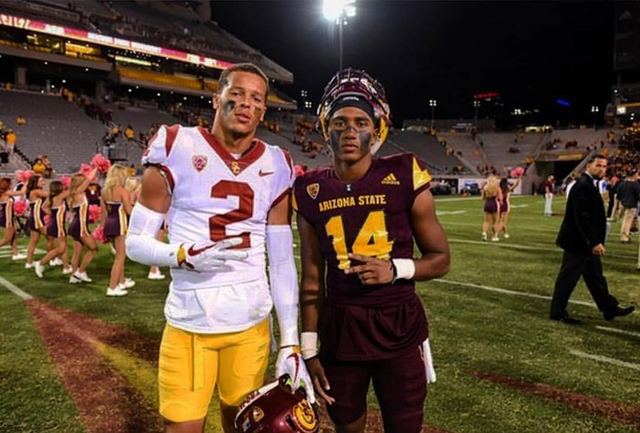 Alex Perry ASU #14 (Right) + Bubba Bolden USC #2 (Left) — After Game